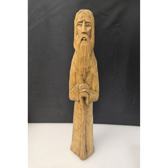 Vintage Hand Carved Wood Statue Moses with Staff Religious Figure Signed 14" - Picture 1 of 15